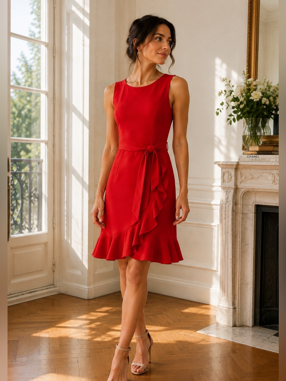 Calvin Klein Red Size 6 Ruffle Wrap Midi Dress Tie Waist Cocktail Wedding